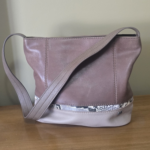 The Sak De Young Leather Hobo Bag Mushroom Brown Taupe Snakeskin Print Purse - Picture 1 of 8